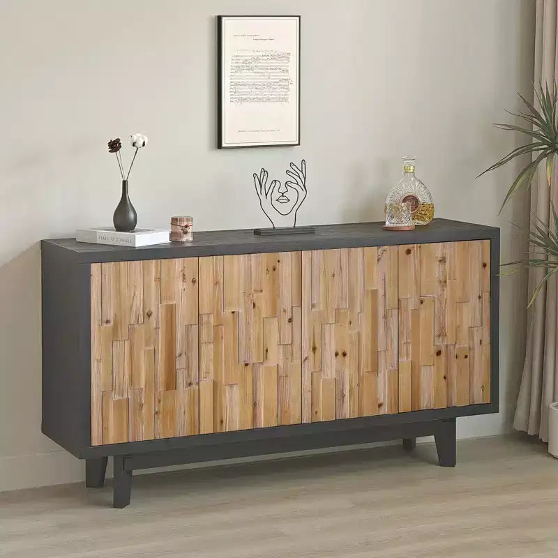 GDFStudio Pavi 59'' Rustic Wooden Geometric Textured Storage Cabinet with 4 Doors and 2 Adjustable Shelves