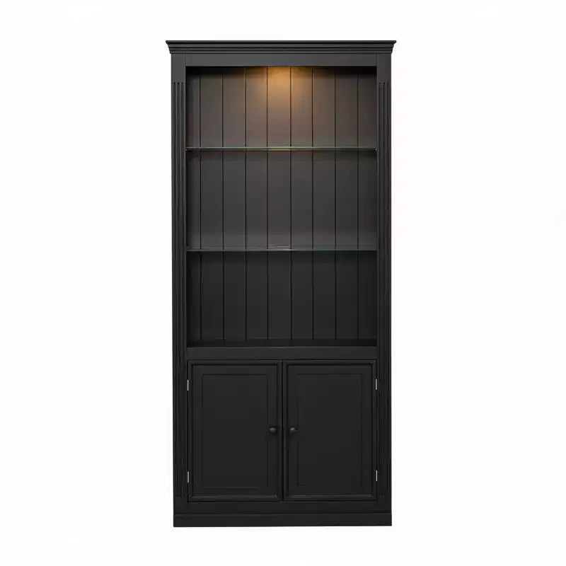 78.75'' Tall Bookcase, Display Cabinet with 5-Color Adjustable LED Ceiling Light & Tempered Glass Shelves, Retro Style - ModernLuxe