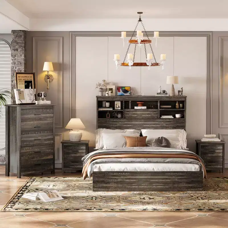 Whisen 4PCS Bedroom Sets, Queen Bed Frame with Storage Headboard, 2 Nightstands and 1 Dresser