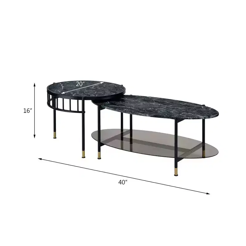 Acme Furniture 40" Silas Accent Table Set with Shelf: Faux Marble, Round, Metal Base