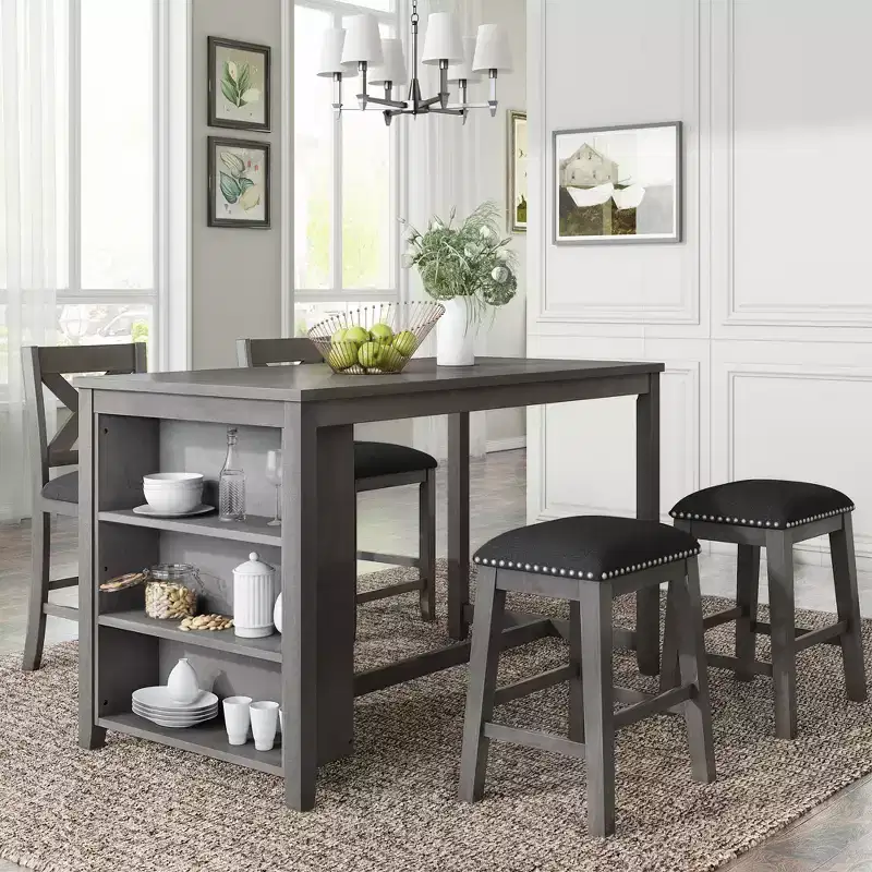 Whisen Farmhouse 5-Pieces Counter Height Dining Set with 2 Stools and 2 Chairs