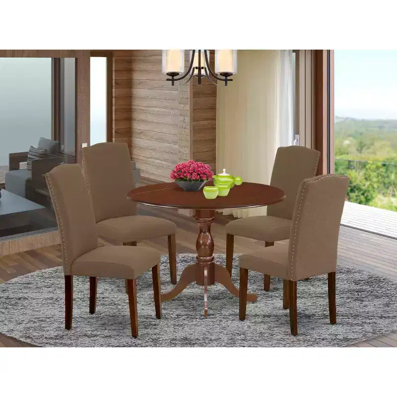 5-Piece Mahogany Finish Solid Wood Top Dining Table with 4 Upholstered Chairs with Drop Leaf