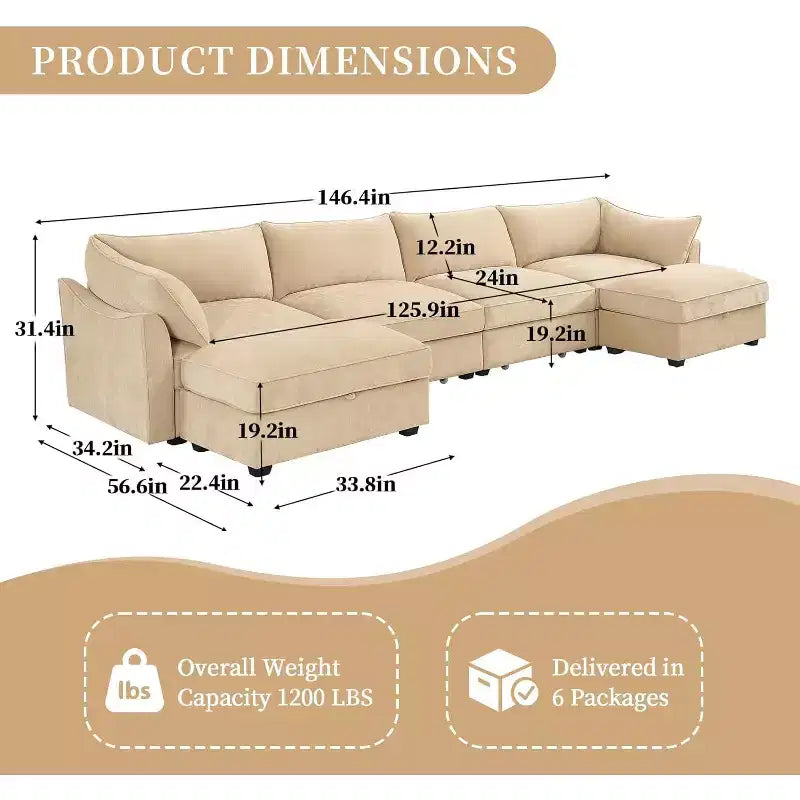 MooxvMoo 146in U Shaped Couch with Storage, Chenille Sofas for Living Room,Sectional Couch w/ Pull Out Drawer & Throw Pillows & Storage Ottoman,Wheat