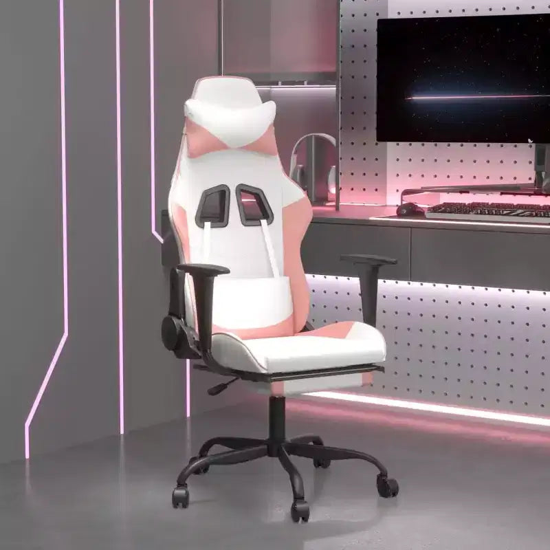 vidaXL Massage Gaming Chair with Adjustable Seat and Backrest, Features Built-in Massage Function - Filled with Foam, Covered in White & Pink