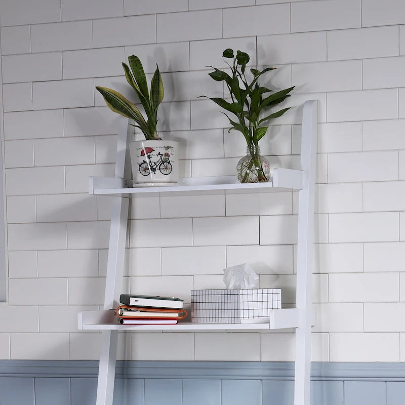 5-Tier Leaning Ladder Shelf Bookcase with Solid Wood Legs