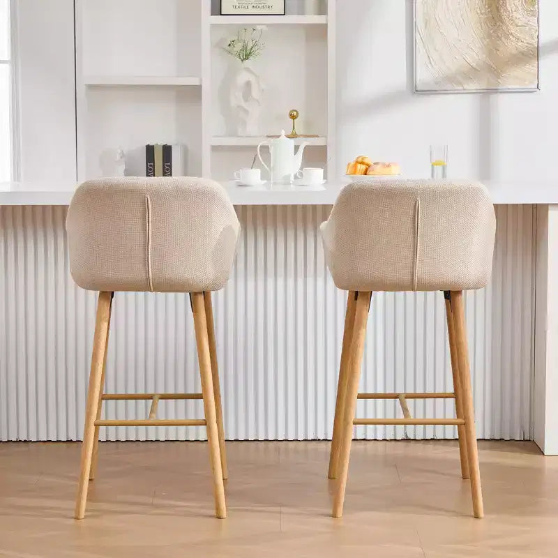 TUYOHW Modern Solid Wood Bar Stools Set of 2,Kitchen Island Tall Chairs with Armrest & Footrest,Soft Linen Fabric Counter Height Bar Stools