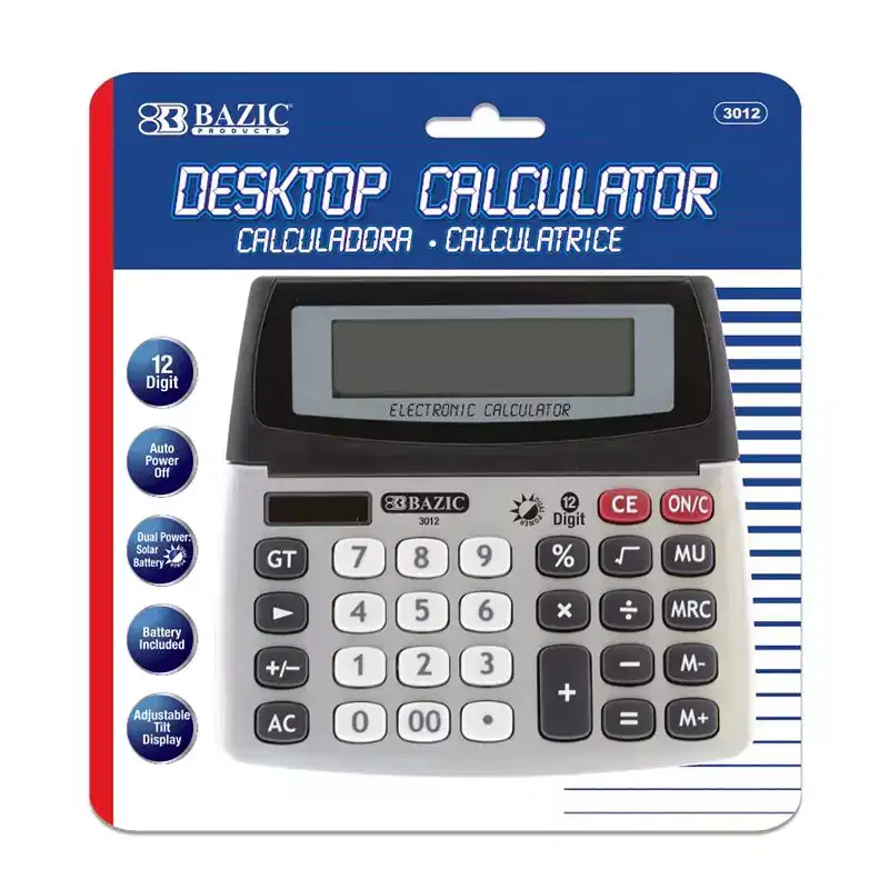 BAZIC Products 12-Digit Dual Power Desktop Calculator with Adjustable Display, Pack of 2