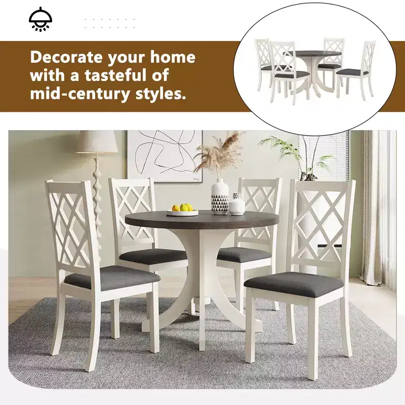Farmhouse 5 Pieces Dining Table Set for 4, Wood Round Kitchen Table Set with 4 Upholstered Chairs