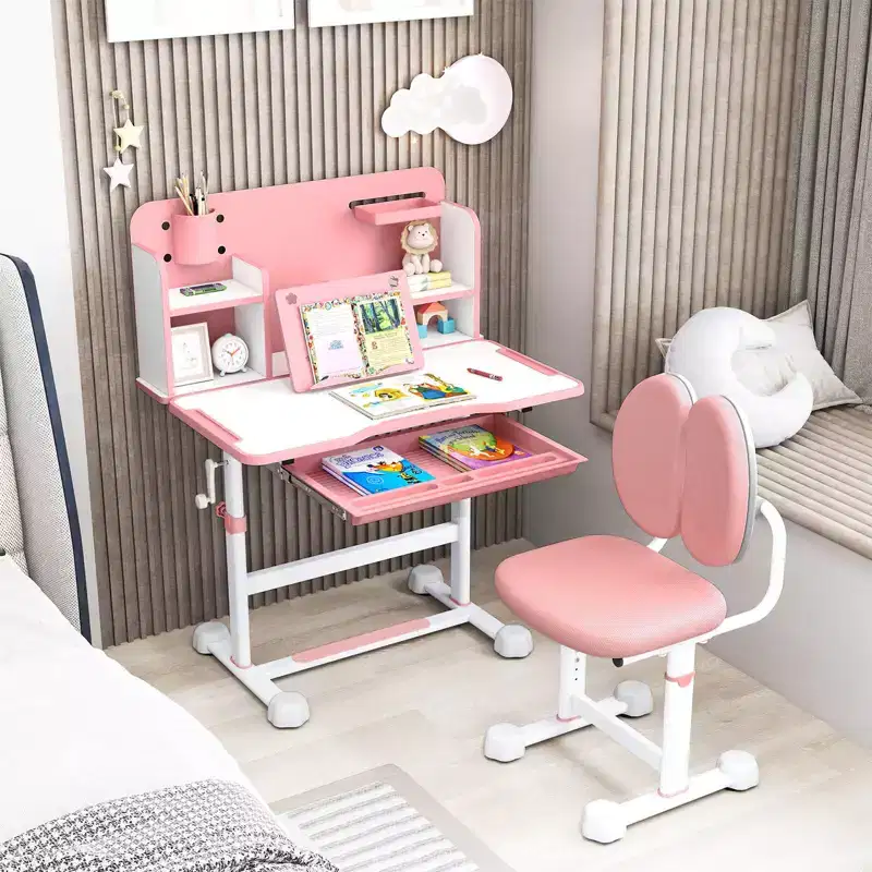 Costway Kids Study Desk & Chair Set with Tilt Desktop, Pen Holder & Tray, Reading Stand Blue/Gray