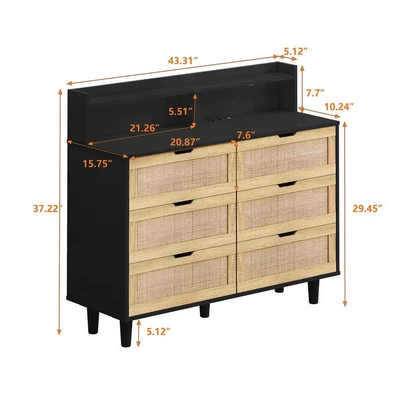 Bohemian Rattan 6-Drawer Sideboard Buffet with Adjustable LED Lights & Power Outlet
