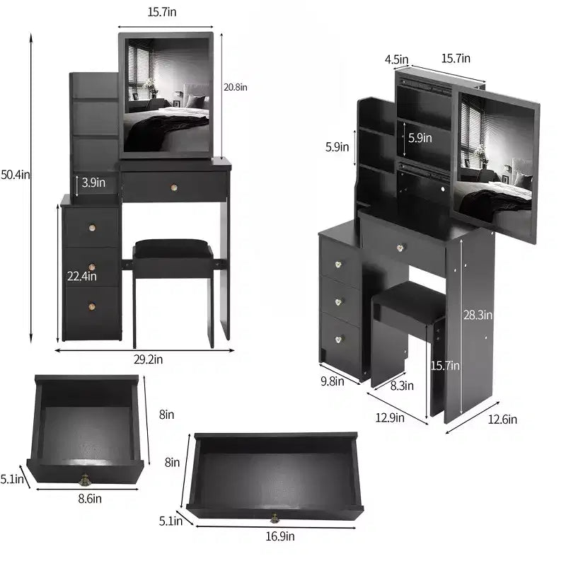 Okak Vanity Table and Chair Set, 29.2 Small Left Bedside Cabinet Vanity Table with Extra Large Touch Control Sliding LED Mirror, Black