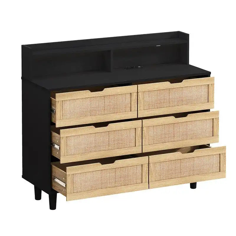 Bohemian Rattan 6-Drawer Sideboard Buffet with Adjustable LED Lights & Power Outlet