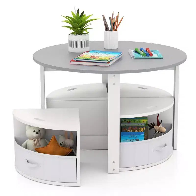 Costway 5 Piece Kids Play Table and Chairs Set Round Nesting Table Toddler Furniture Gray/Natural