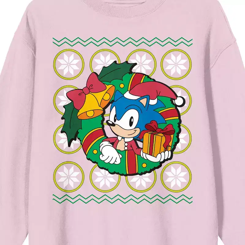 Sonic The Hedgehog Sonic Christmas Wreath Crew Neck Long Sleeve Cradle Pink Adult Sweatshirt