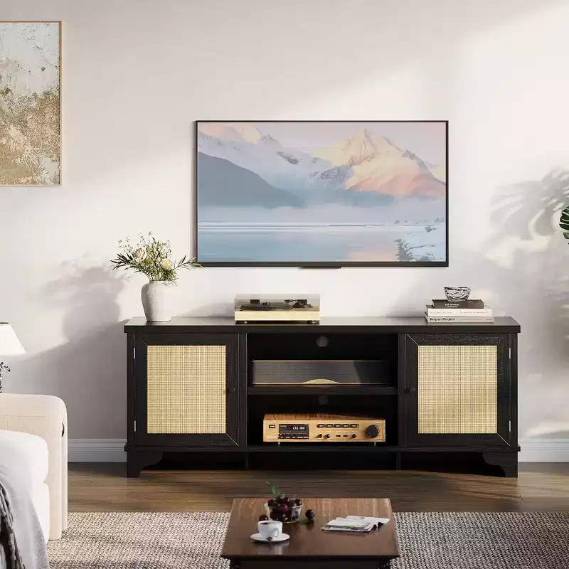 Rattan TV Stand for TVs Up to 70 Inches Wooden Media Console Table with Cabinets and Open Shelves, Stylish Entertainment Center for Living Room