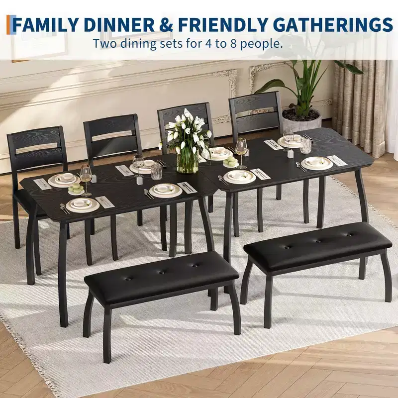 Table Set for 4, Kitchen Table with Upholstered Bench and 2 Chairs, 4 Piece Dining Furniture Set for Small Space, Apartment