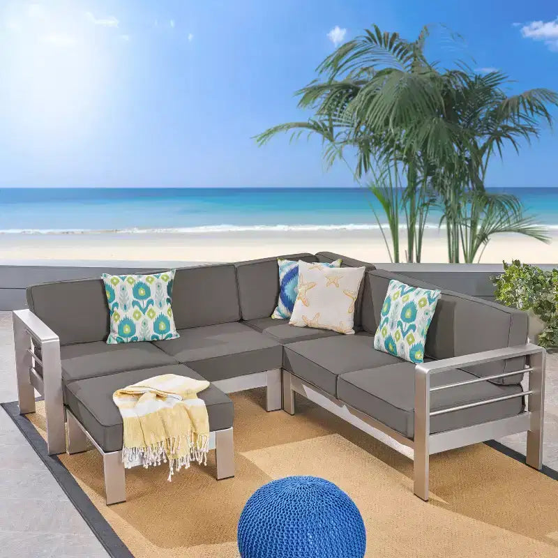 Christopher Knight Home Cape Coral Outdoor Aluminum 5 Seater Sectional Sofa Set with Ottoman, Silver/Khaki