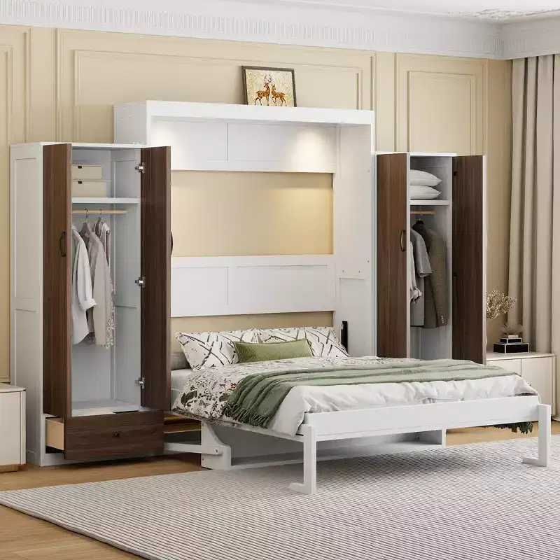 Full/Queen Murphy Bed Wall Bed with Closet, Cabinet Bed Folding Wall Bed with Storage Drawers and Desk for Guest Room Office