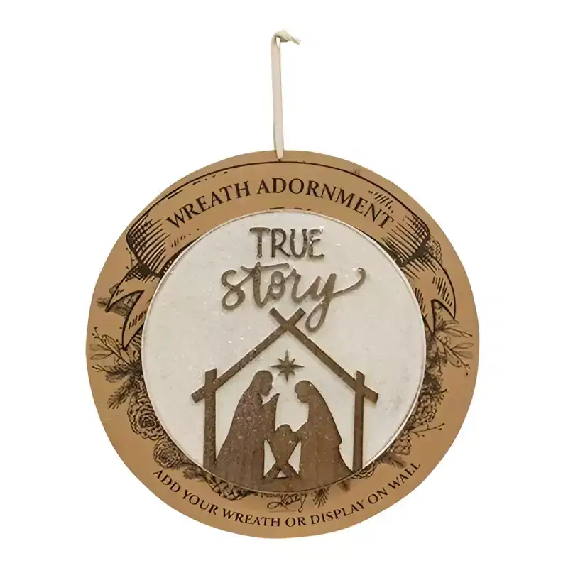 Slickblue True Story Nativity Scene Wooden Insert  10 Round Sign with Iridescent Sparkles, Wreath or Wall Display