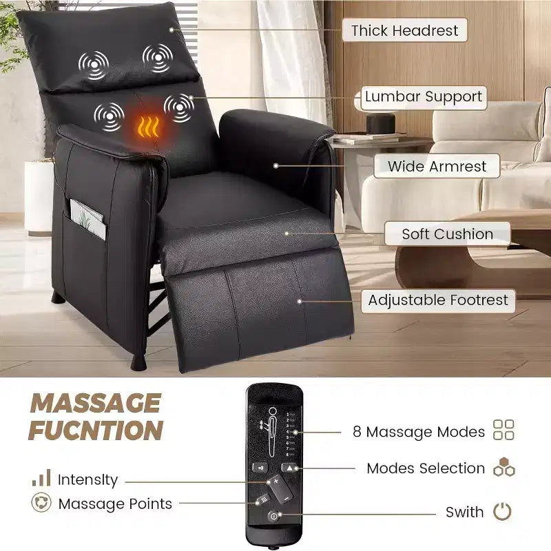 Elertric Recliner Chair with Massage and Heat, Adjustable Single PU Leather Recliners Sofa with Remote Control Home Theater Armchair for Living Room