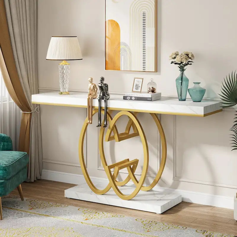55-Inch Faux Marble Console Table with Geometric Metal Frame