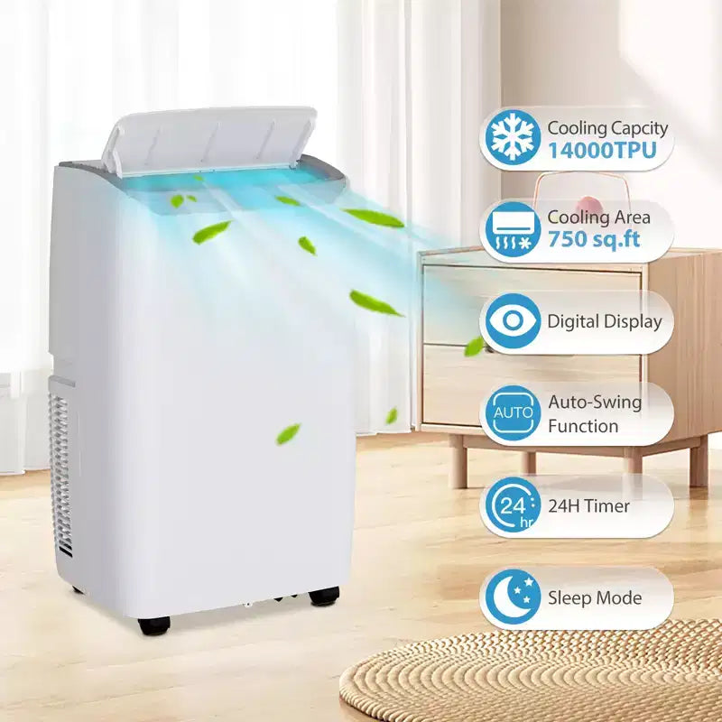 14,000 BTU Portable Air Conditioner with Built-In Dehumidifier - Portable AC Unit for Rooms Up to 750 Sq Ft, Remote Control, Window Mount Exhaust Kit