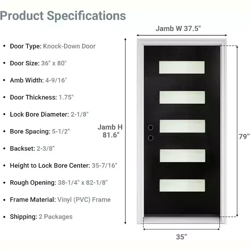 MooxvMoo 36x80 Inch Exterior Door Right Hand Inswing, Black Entry Doors with 4-9/16 Frame for Home's Front Entrance