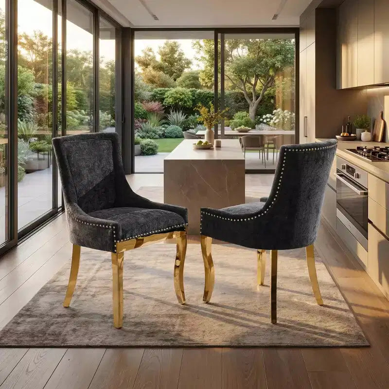 FurnitureR Set of 2 Chenille Upholstered Dining Chairs with Arms, Modern Accent Kitchen Chairs with Gold Metal Legs, Elegant Dining Room Side Chairs
