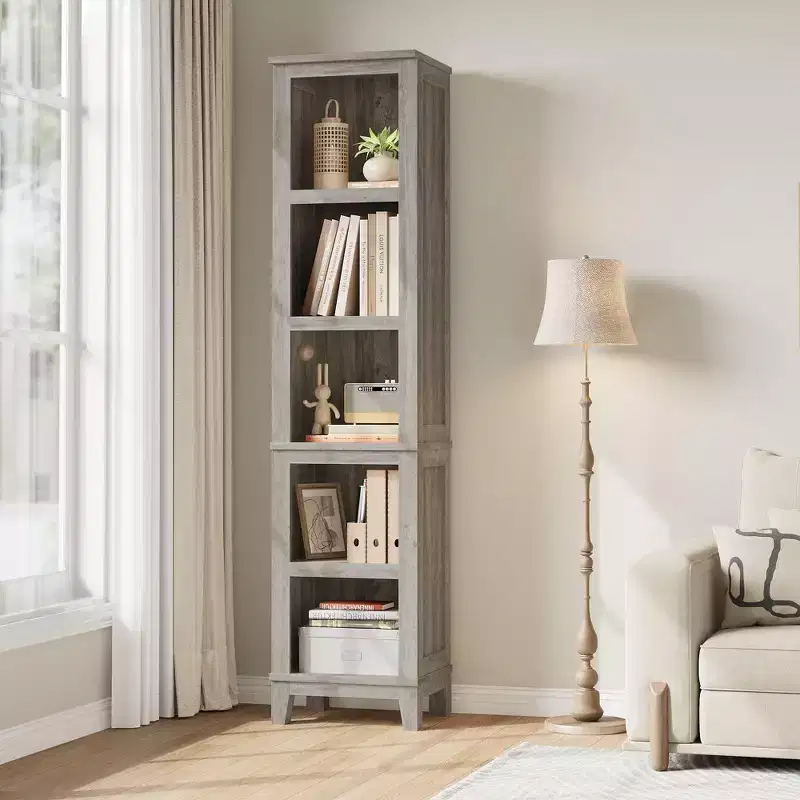 Narrow 5-Tier Bookcase, 71.3 Tall Farmhouse Bookshelf with Vintage Design, Slim Wooden Storage Shelf for Living Room, Home Office, and Bedroom