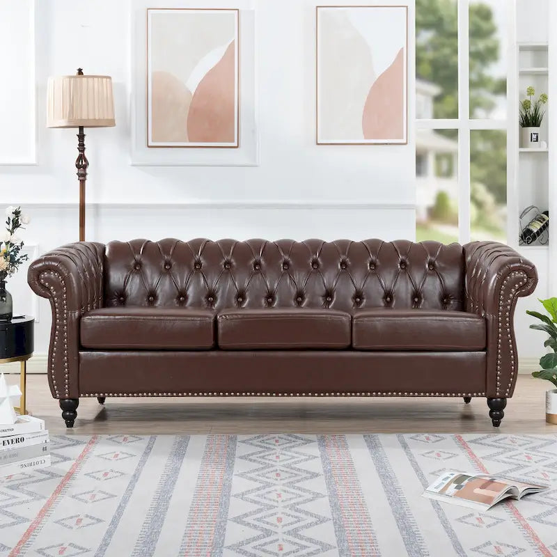 84 Mid-Century Modern 3-Seater Chesterfield Sofa, PU Leather, Birch Legs, 660 lbs