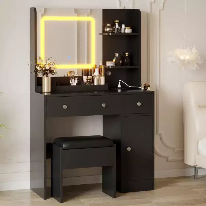 GustoWave Vanity Desk with Mirror, Makeup Desk with Lights in 3 Colors, Girls Vanity Table with Charging Station, 3 Drawers, 3 Storage Shelves