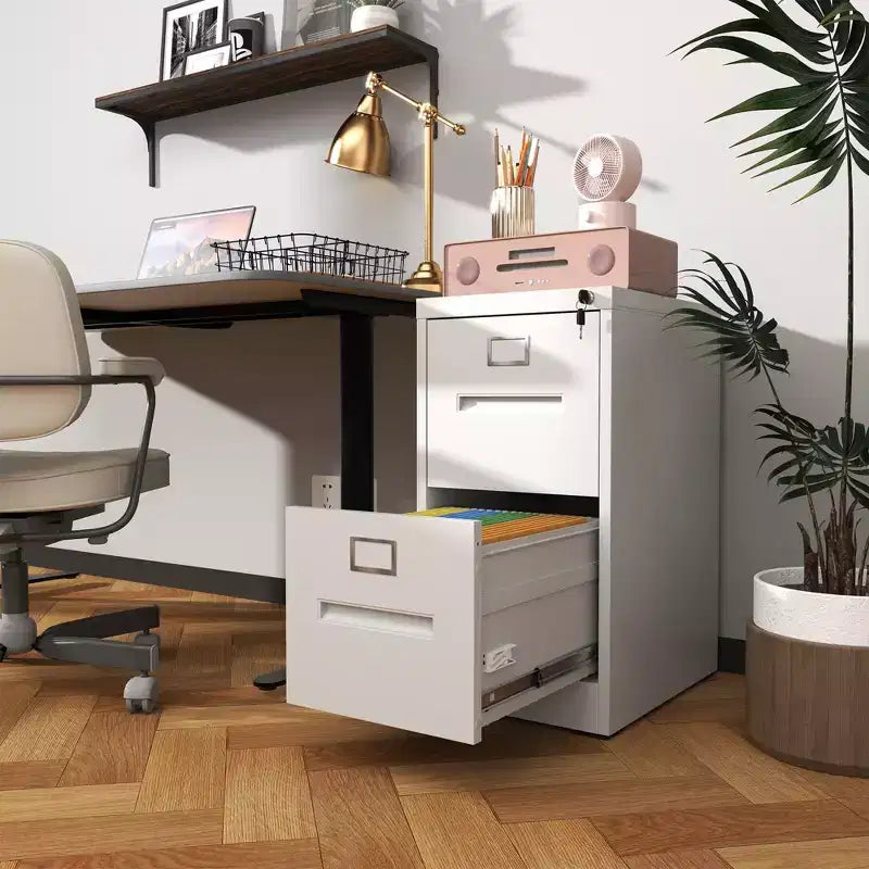 2-Drawer Narrow Metal File Cabinet with Lock – White