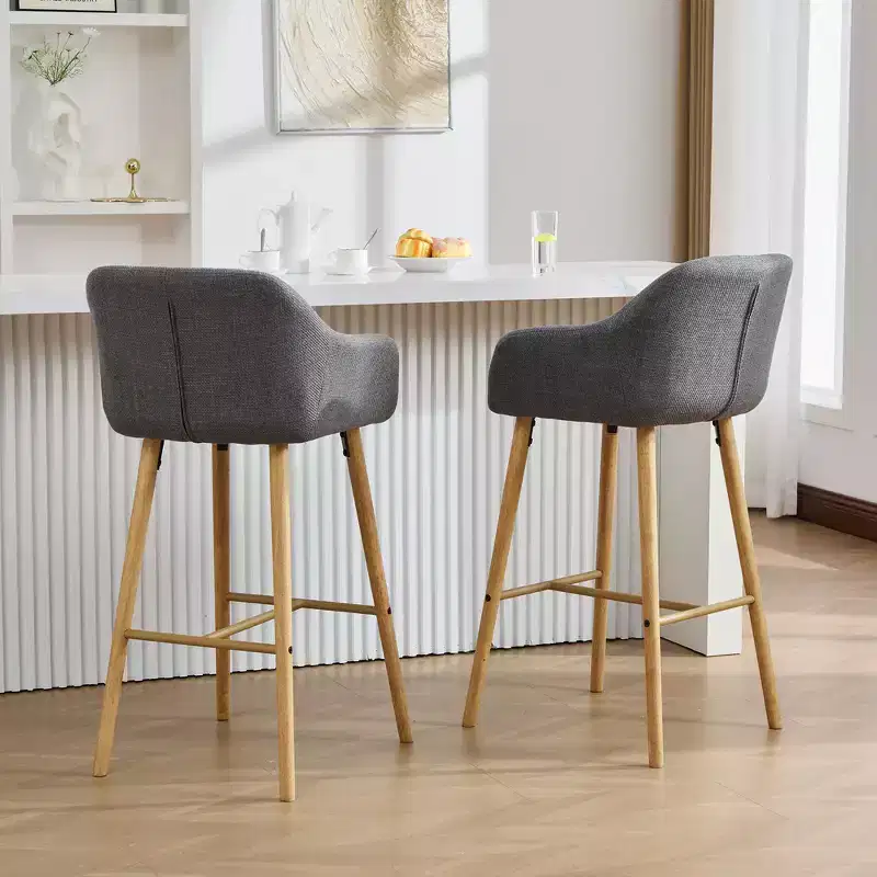 Zeus & Ruta Modern Linen Upholstery Bar Stools Set of 2 with Back, Armrest & Wood Legs, Kitchen Island Height