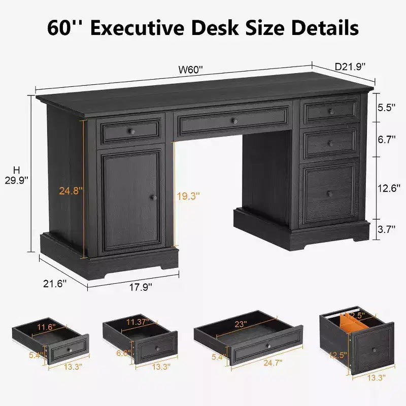 60 Farmhouse Executive Desk for Home Office - Wooden Writing Desk with Drawers, Cabinet Storage, Rustic Home Office Desk for Work Study
