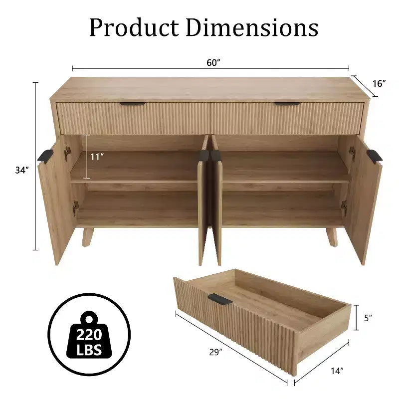 Buffet Sideboard, 2 Drawers, 4 Doors, Adjustable Shelves, Storage, for Home, Living Room
