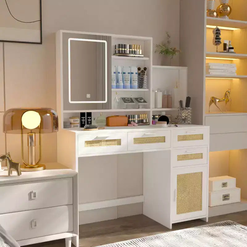 Okak Vanity Table with Lights, 3-Color LED Lighting & Flip Mirror, 4-Drawer Vanity Desk with Cabinet-Shelf Storage System, White