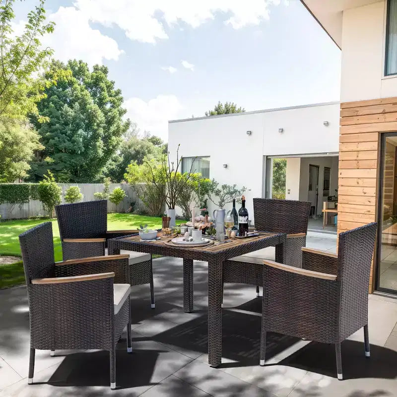 Celebalcony 5 Piece Patio Dining Set, Wicker Patio Conversation Set with Wooden Table Top, Outdoor Table and Chairs with Cushions for Backyard