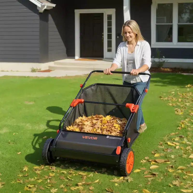 VEVOR Push Lawn Sweeper, 30 in Leaf & Grass Collector with 12 cu. ft. Hopper Bag, Adjustable Brush Height & Spinning Brushes, Heavy Duty, Black