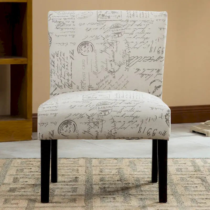 French Script Upholstered Accent Chair | Taupe & Cream | Espresso Legs | 23.25W