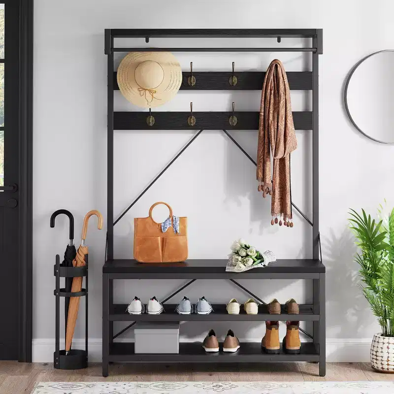 39.9''x15.7''x72'' Industrial Hall Tree Coat Rack & Shoe Bench with Storage Shelf, 8 Hooks, Hanging Bar - Wood Look Entryway Organizer