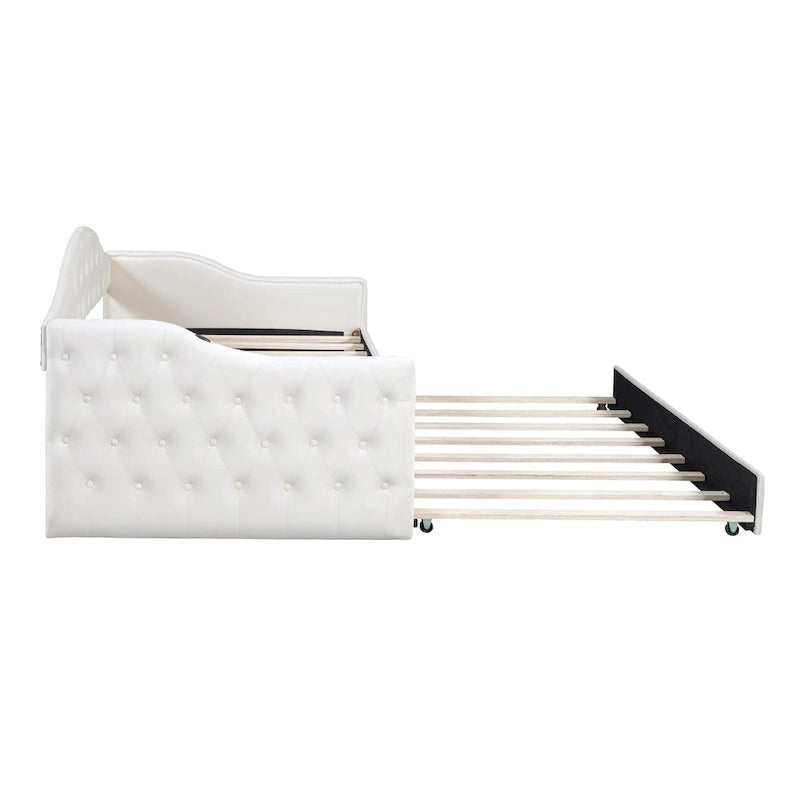 Twin Size Tufted Upholstered Daybed with Trundle �C Velvet Sofa Bed with USB & Type-C Charging Ports, No Box Spring Needed