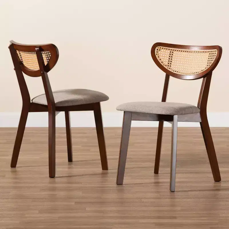 Baxton Studio 2pc Dannell Fabric and Wood Dining Chairs Gray/Walnut Brown/Light Brown: Mid-Century, Rattan Detail, Foam Cushion