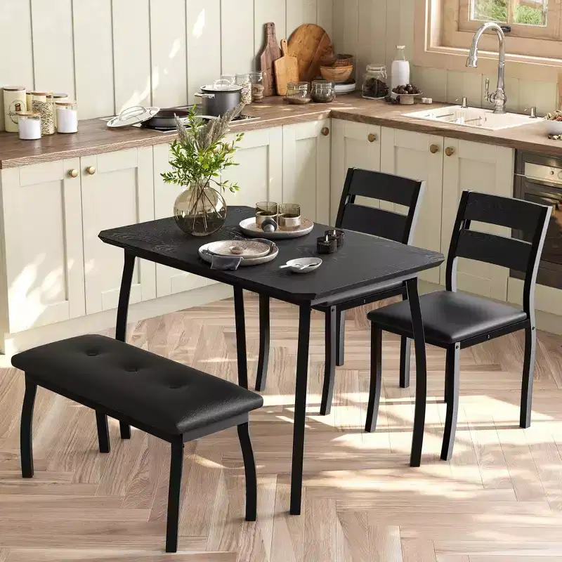 Table Set for 4, Kitchen Table with Upholstered Bench and 2 Chairs, 4 Piece Dining Furniture Set for Small Space, Apartment