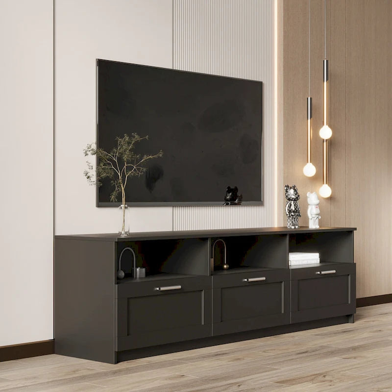70.87 TV Stand | 3 Open Shelves & 3 Drawers | Black | High-Density Board | Fits 80 TV