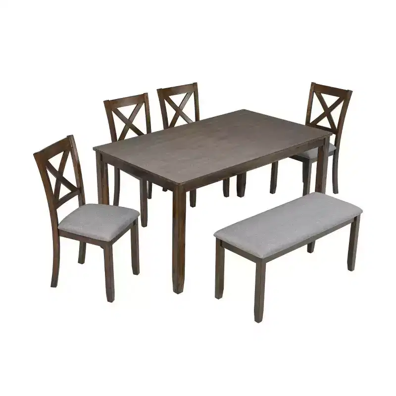 Homy Casa 6-Piece Wooden Dining Table Set with 4 Upholstered Chairs and Bench, Kitchen & Dining Room Furniture, Grey