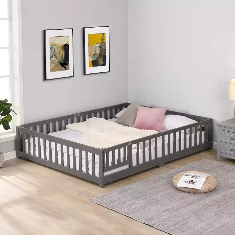 Full Size Toddler Floor Bed with Door for Kids,Modern House Montessori Bed with Fence for Bedroom