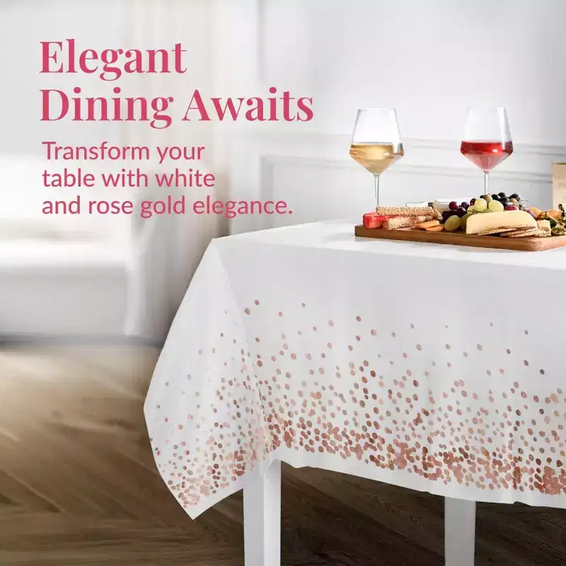 Prestee Rose Gold Disposable Plastic Table Cloth - Heavy-Duty Rectangle Tablecloths - 54x108 Inch - Pink & Gold, 4 Pack