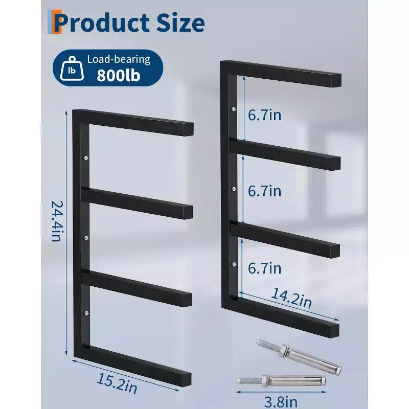 Lumber Storage Rack, Set of 2, Wall Mount, Heavy Duty Steel 4-Tier Wood Organizer Storage Shelves, 800LBS Capacity, for Shed, Workshop, Garage