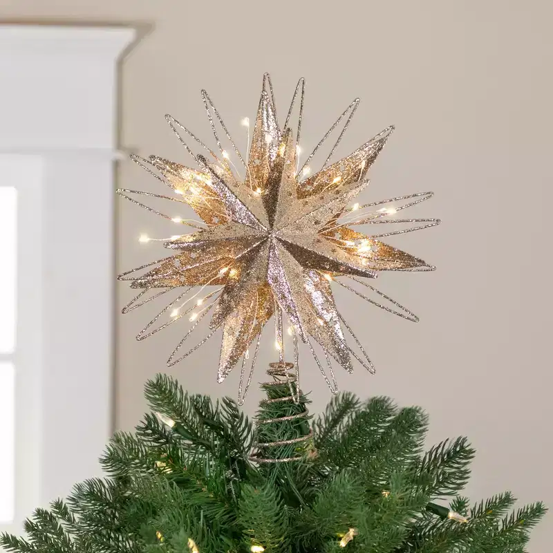 Northlight LED Lighted Starburst Glittered Christmas Tree Topper - 13 - Champagne Gold - White Lights