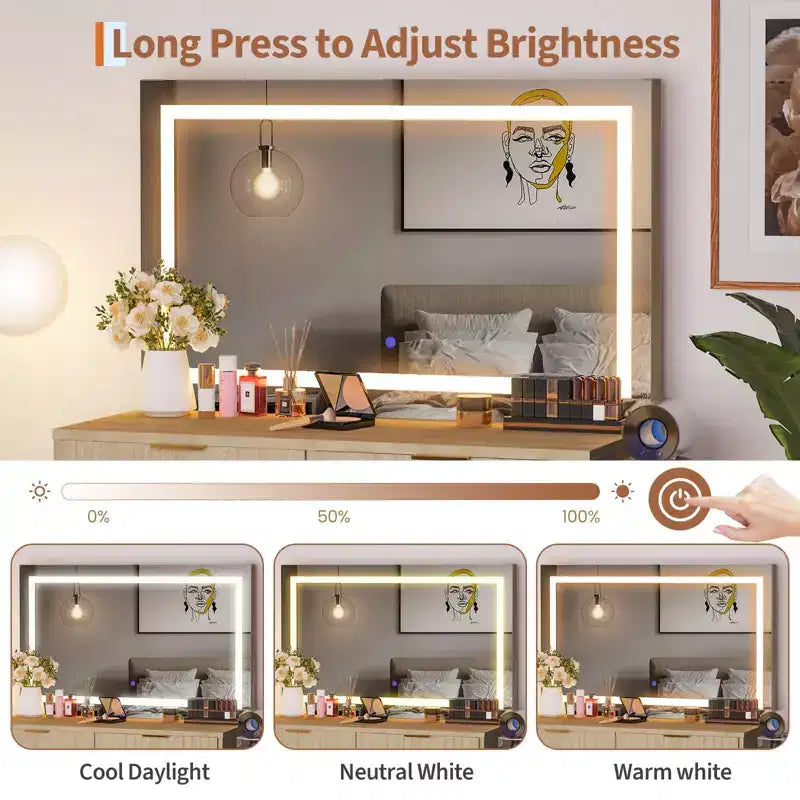 Fluted Vanity Desk with Large Mirror, 2 Drawers, 3 Lighting Modes Adjustable Brightness and Lights for Bedroom
